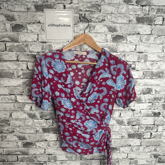 LOFT Tops - EUC LOFT Burgundy and Blue Floral Wrap Blouse Size Small